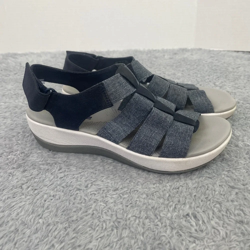 Clarks Cloudsteppers Sandals Womens 7 Grey Blue Arla Glison Strappy Wedge